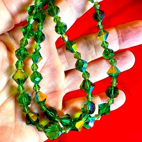 VTG Aurora Borealis Graduated Crystal Double Strand Necklace Green - Picture 4 of 11